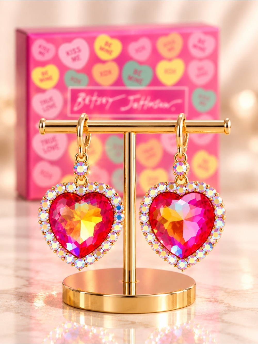Betsey Johnson Pink Crystal Heart Drop Earrings Gold Tone BNIB